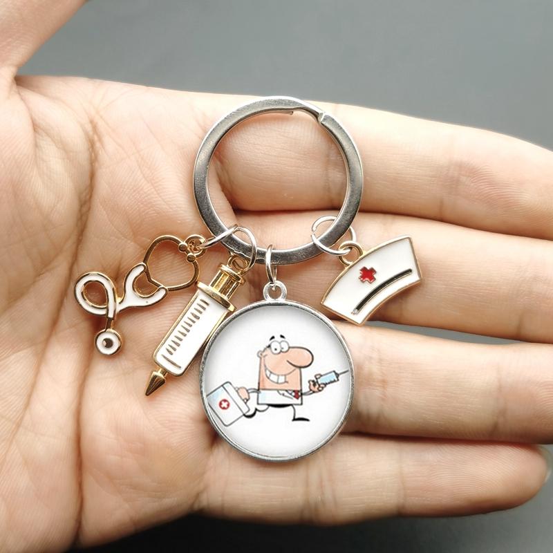Paint Fashion Creative Nurse Medical Syringe Stethoscope Image Keychain Glass Suitable Nurses and Doctors Key Ring Pendant Gift