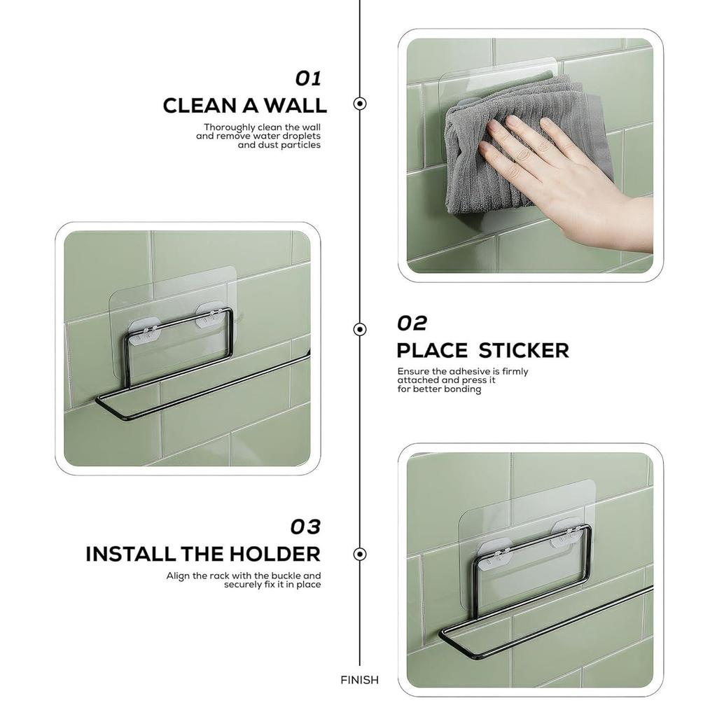 Self Adhesive Towel Holder in Bathroom | Toilet Paper Roll Holder | Tissue Roll Hanger for Kitchen, Black (Pack of 2)