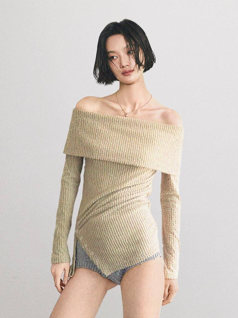 HALF DEVIL US Off-Shoulder Cut-Out T-Shirt_Sand Khaki