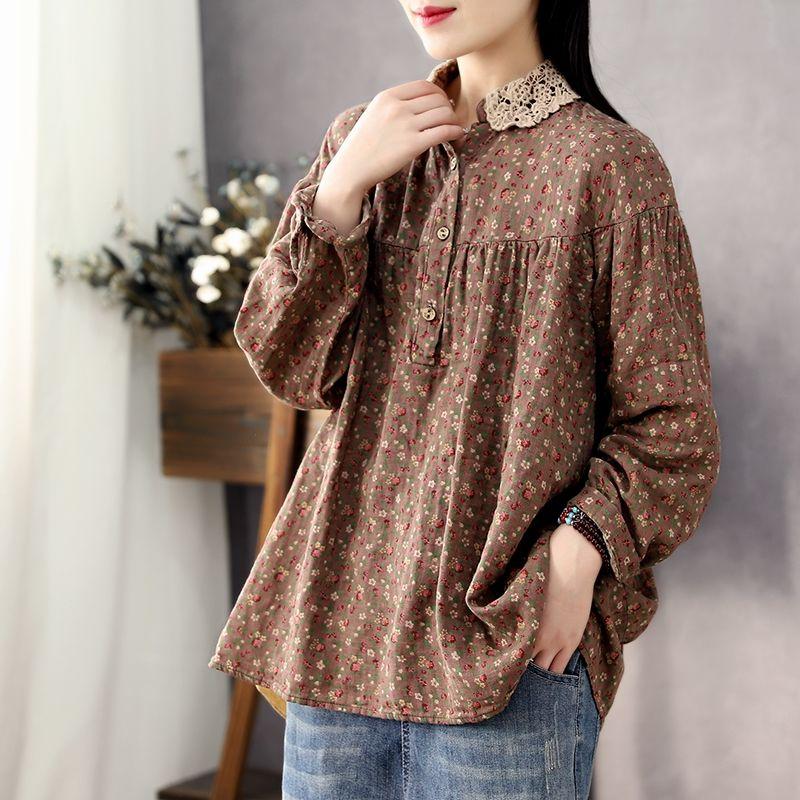Women Long Sleeve Casual Shirts Spring Vintage Style Lace Collar Floral Print Loose Female Cotton Tops Shirt
