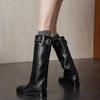 Uncle Zhou's new high-leg trouser boots in autumn and winter 2025 women's thick-heeled knight boots belt buckle western boots women
