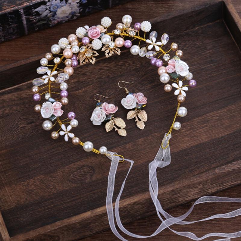 

1 Set Bridal Headdress Handmade Braided Pearl Wedding Hair Bands Ceramic Flower Earrings Handmade 1 Wreath 1 Pair Earrings