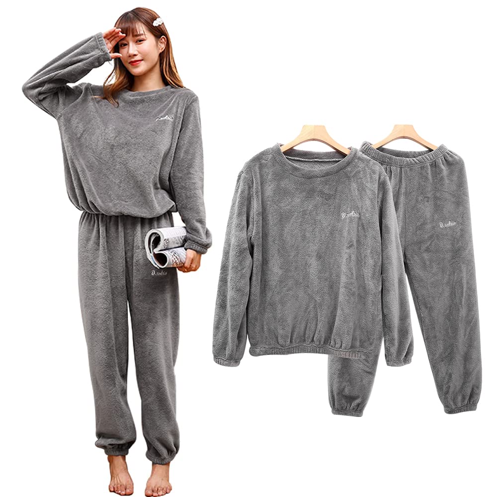YUESUO Fluffy Winter Pajama Warm Cute Long and Set with Embroidered Fluffy and Perfect Gift Women's Set, Fleece, Loungewear, Pants, Top, 2-Piece Logo,