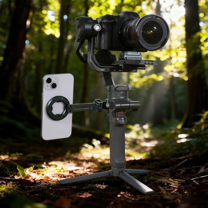 Collapsible Metal Phone Holder Featuring Magnetic Locking System Double Orientation Shoots Cold Shoe Expansion Interface