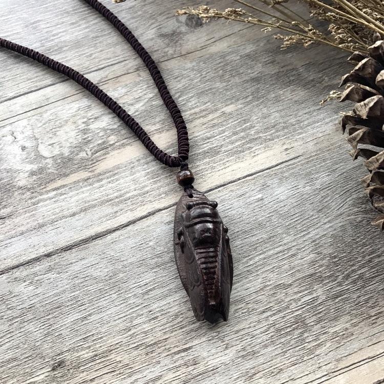 Retro Hand-carved Mahogany Long Necklace Women's Fashion Temperament Cotton and Linen Clothing Sweater Chain Accessories