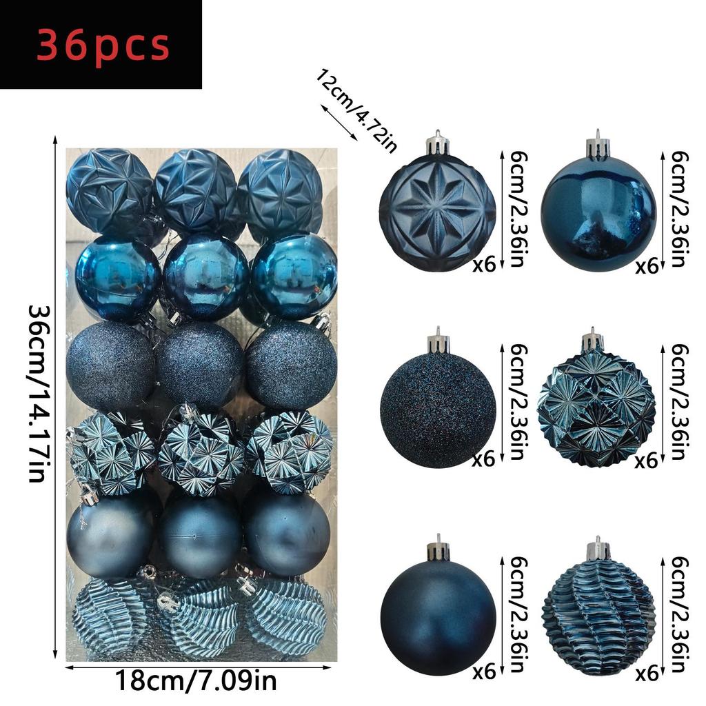 36-Piece Christmas Tree Ornament Set - 6cm Glitter & Painted Irregular Shape Balls