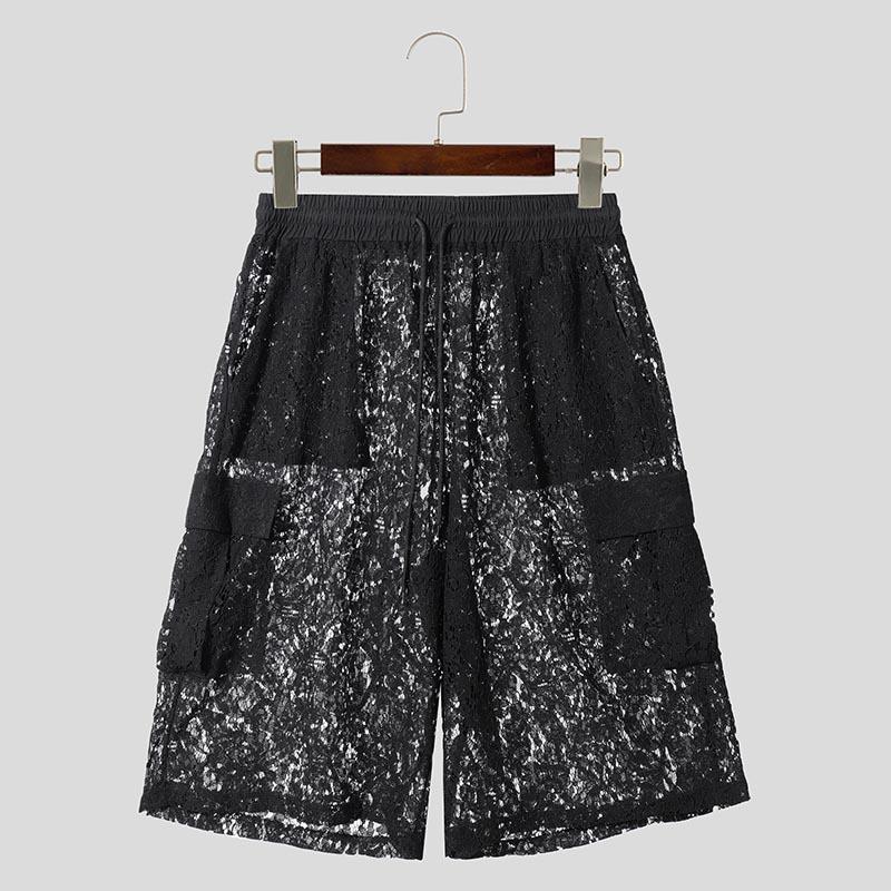 

INCERUN Мужские эластичные брюки с кружевной отделкой, полые, прозрачные, без подкладки, короткие, с широкими штанинами 3XL чёрный