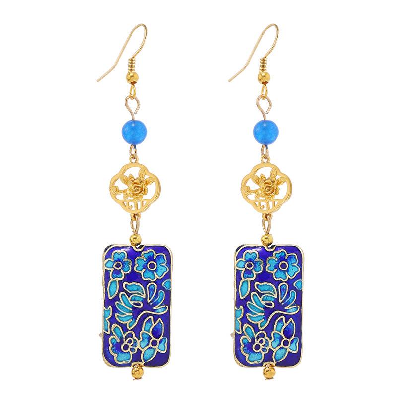 Original design cloisonne earrings women's retro enamel flower square brand earrings medium cheongsam earrings