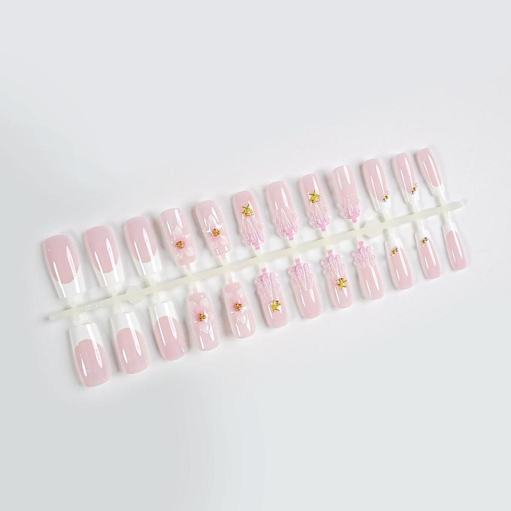 Gentle Pink 3D Flower French Nails with Starfish Gold Accents, Short Square - 24 Pieces