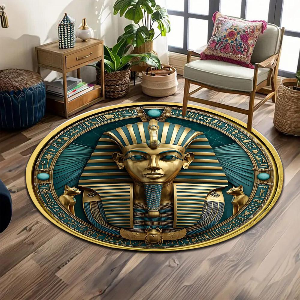 Egyptian Pharaoh with Cats and Symbols Print Round Rug, Living Room, Bedroom, Playroom Carpet, Non Slip Floor Mat, Gift
