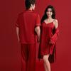 Spring and Autumn New Red Couple Ice Silk Summer Bridal Morning Robe Sexy Pajamas Women's Wedding Two-piece Suit