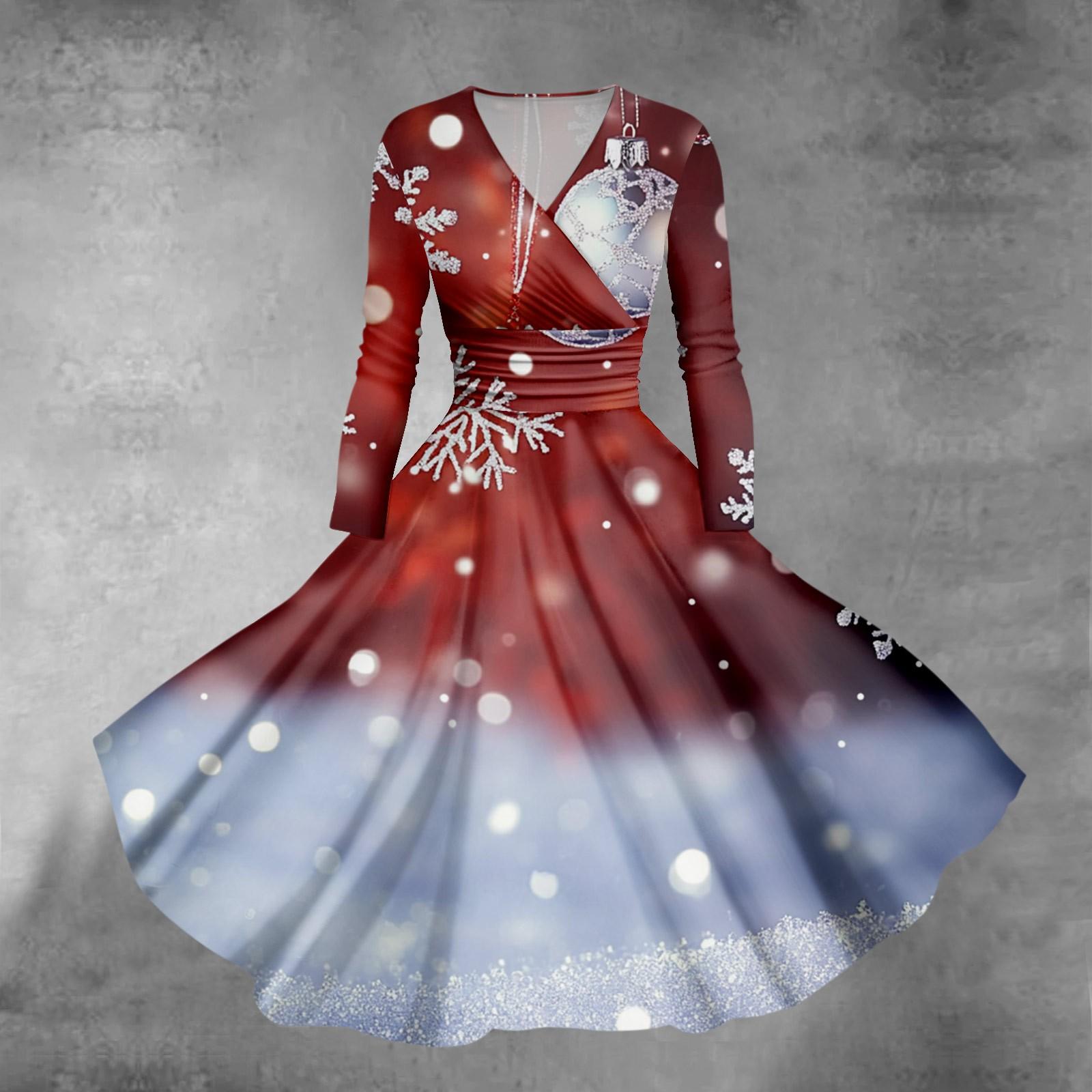 Женское облегающее платье свободного кроя с принтом рождественской елки и снежинок — фото 16