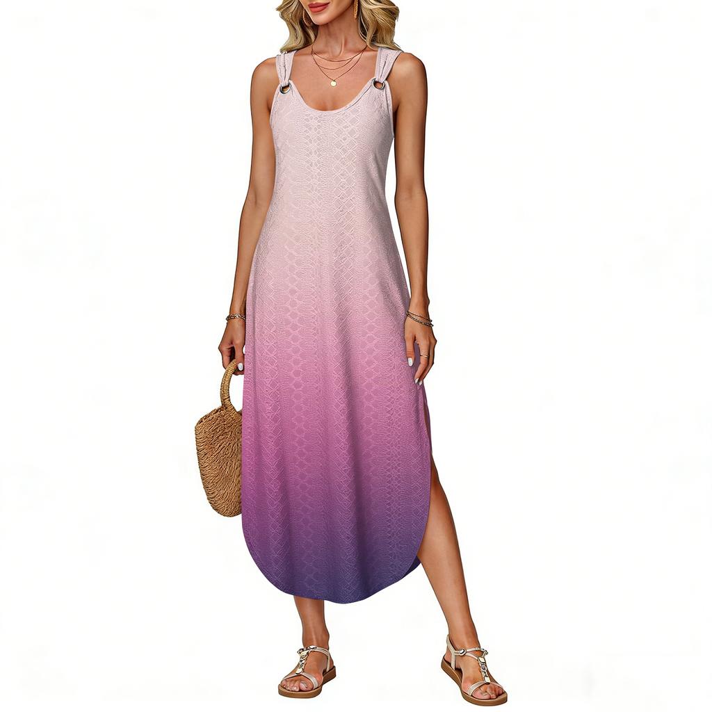 Women's Summer Long Dress, Sleeveless with Side Slits, Long Gradient Vest Dress