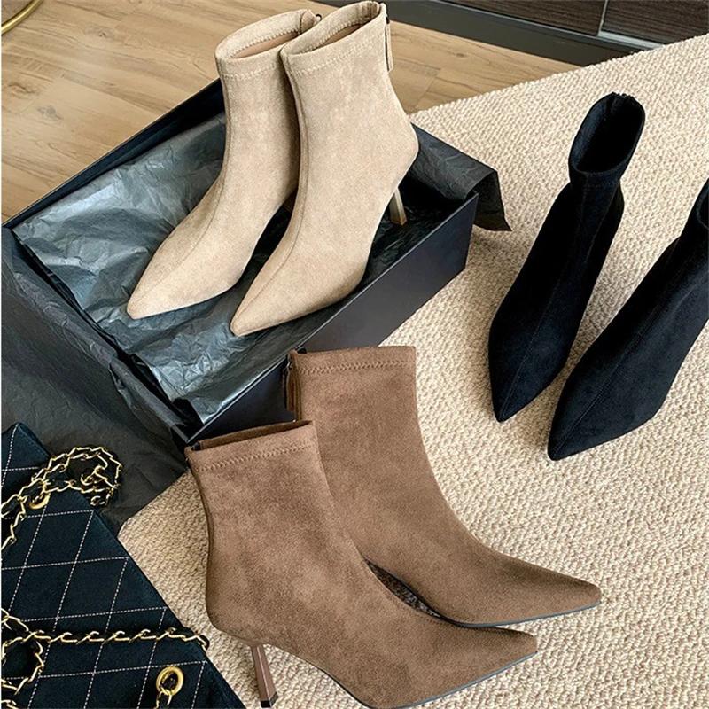 Hochwertige Damen-Ankle-Boots mit spitzer Zehenpartie, modischer Reißverschluss, dünne Absätze, Schuhe für Herbst und Winter, Chelsea-Kurzstiefeletten