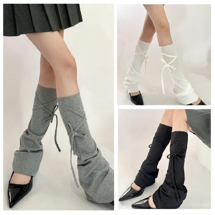 Women Harajuku Solid Color Flared Leg Warmers Lace Up Bandages Leg Sleeves Cover Footless Wide Leg Long Socks Streetwear