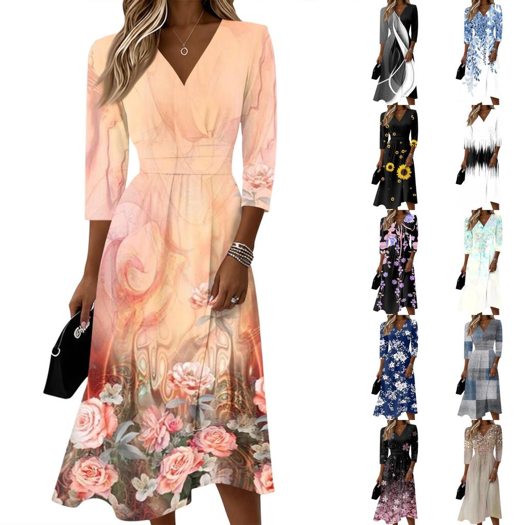 Women's Floral Casual Fashion Midi Dress V Neck Three Quarter Sleeve Back Zipper Elegant Fit and Flare Design Comfortable Fabric