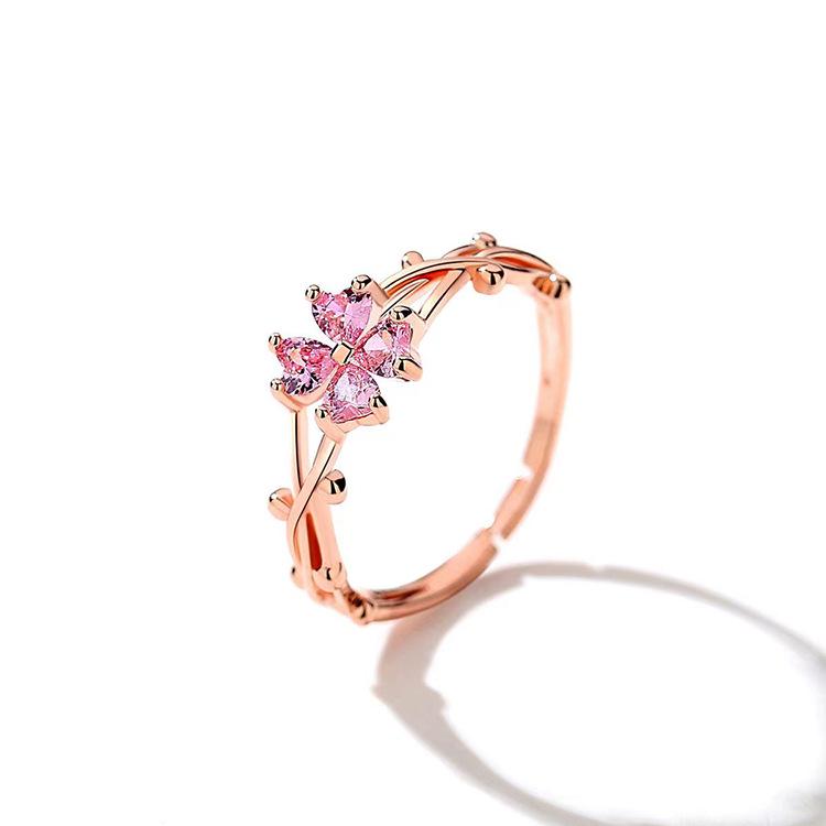 Crystal Four-Leaf Clover Women's Trendy Index Ring with Heart Design