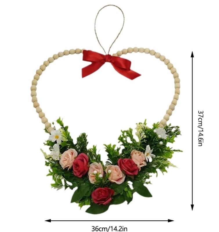 Romance Valentine's Day Heart Shape Wreath with Wood Beads Frame Red Ribbon and Simulated Flower for Festival Home Decors Measuring 36cm Wide 37cm