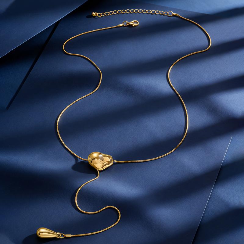 Minimalist CCB Water Drop Pendant Adjustable Necklace for Women Fashion Circular Hollow Irregular Long Sweater Chain Jewelry