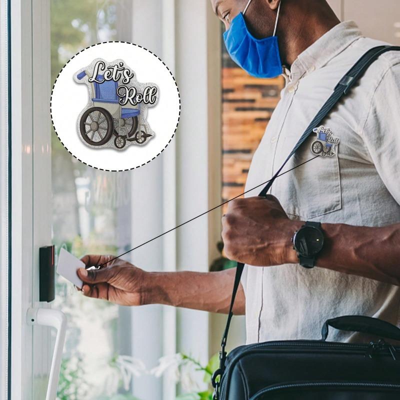 Nurse Retractable Badge Reel with Alligator Clip Let's Roll ID Card Badge Holder for Patient Transport Funny Wheelchair Silver Glitter Badge