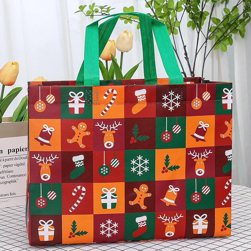 

1 шт. Большие подарочные пакеты на Рождество с ручками, многоразовые, с рисунками Санты, снеговика, рождественской елки - для праздничного шопинга, рождественских вечеринок