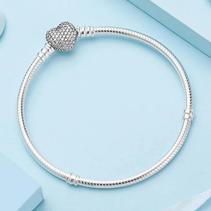 Big Sale Fine DIY Bracelet Bangle for Women Original 100% 925 Sterling Silver Heart Clasp Snake Chain Fit Bead Bracelet Jewelry