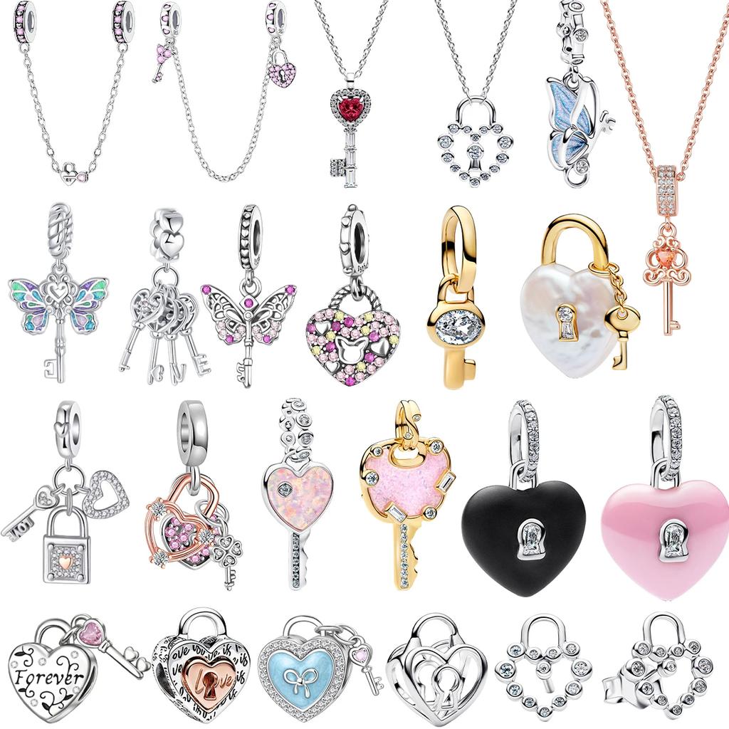 925 Silver Lock&Key Charms Lucky Heart Shaped Key Beads Pendants Fit Necklace Bracelet DIY Fine Jewelry Gift