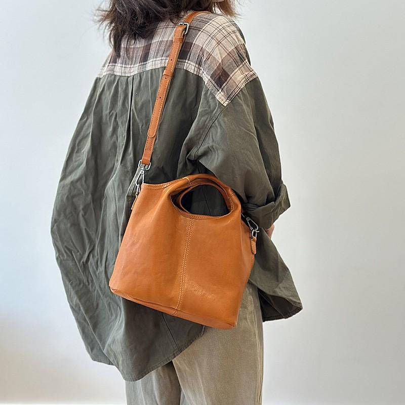 Johnature Geantă de damă din piele naturală, geantă de mână retro, piele de vacă moale, simplă, versatilă, capacitate mare, geantă de umăr