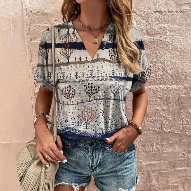 Retro Harajuku Women's Casual V-Neck Short Sleeve Summer Streetwear Pullover T-Shirt Tops New Fashion Stripe Print Tee