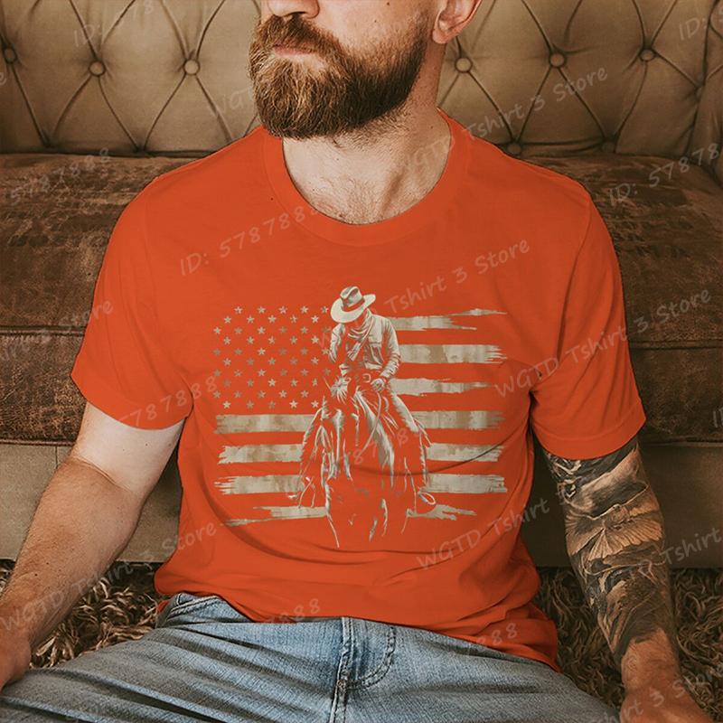 Cowboy with American Flag Pattern Print T Shirt Tees for Men Casual Short Sleeve TShirt for Summer Vintage Graphic Tshirts