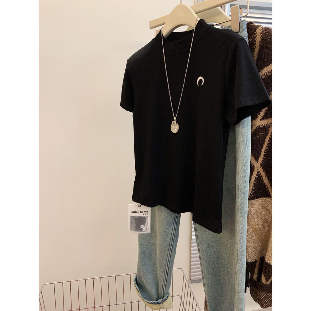 Korean Style Women's Embroidered Cotton Short Sleeve Stand Collar T-shirt