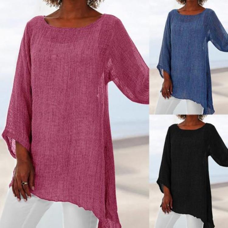 Autumn Chic Loose Pullover Blouse Long Sleeve O Neck Irregular Hem T Shirt Women