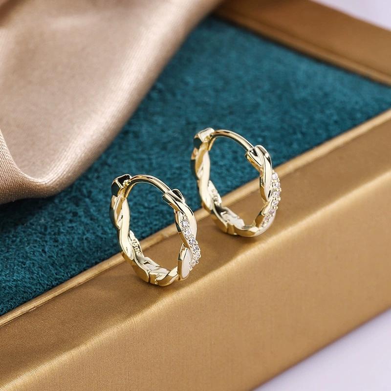 White Zircon Small Round Stone Twisted Infinity Hoop Earrings For Women Vintage Gold Color Ear Buckle Wedding Jewelry Valentines