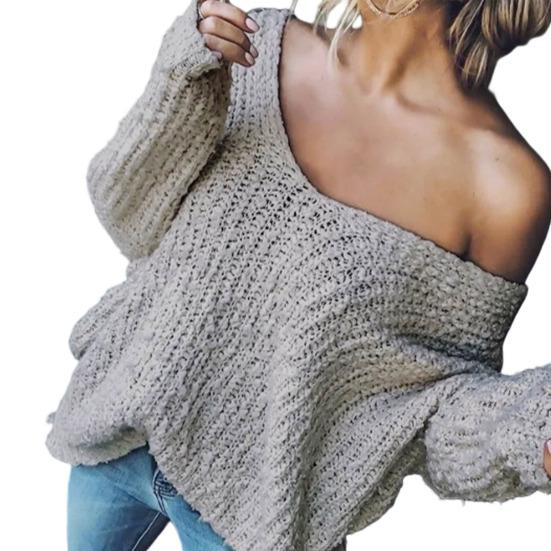 Женский топ с V-образным вырезом длинными рукавами однотонный вязаный мягкий эластичный свободного кроя для весны и осени повседневный L 2080₽