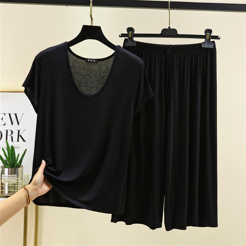 Women's Casual Two-Piece Set: Modal U-Neck T-Shirt & High-Waisted Tie-Waist Wide-Leg Pants