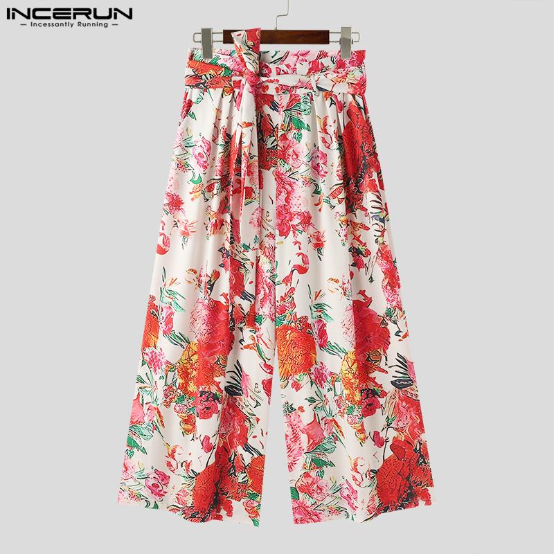 INCERUN Bohemian Men Floral Print Summer Pants Beach Holiday Wide Leg Trousers