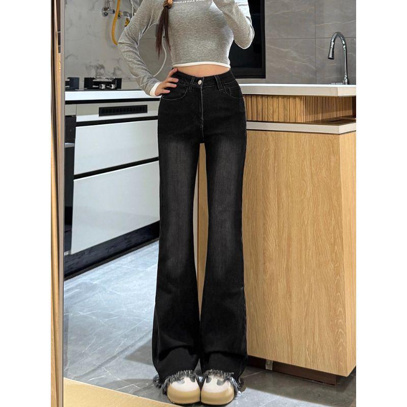 Women's Black-Grey Frayed Micro-Flare Jeans - Autumn Style, Plus Size, Stretchy, Slimming, for Curvy & Pear-Shaped Figures, Bell-Bottoms
