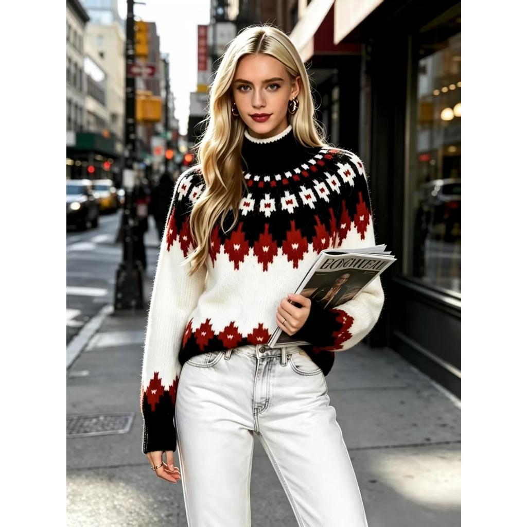 Fall Winter Women's Fair Isle Pattern Half Turtleneck Sweater, Loose Soft Rhombus Jacquard Knit Lazy Top