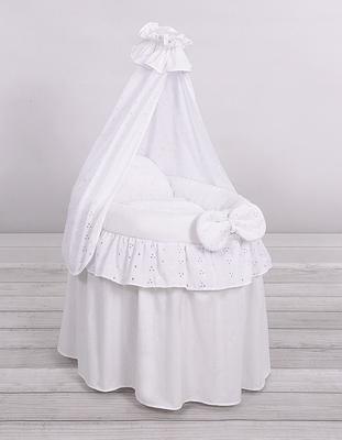 Doll's Pram - Moses Basket for Dolls with Canopy - White with Embroidered Lace