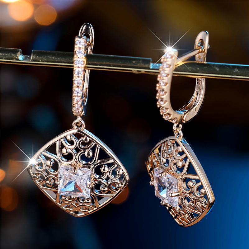 Vintage Gold Color Hollow Pattern Long Dangle Earrings for Women White Square Zircon Earrings Wedding Jewelry