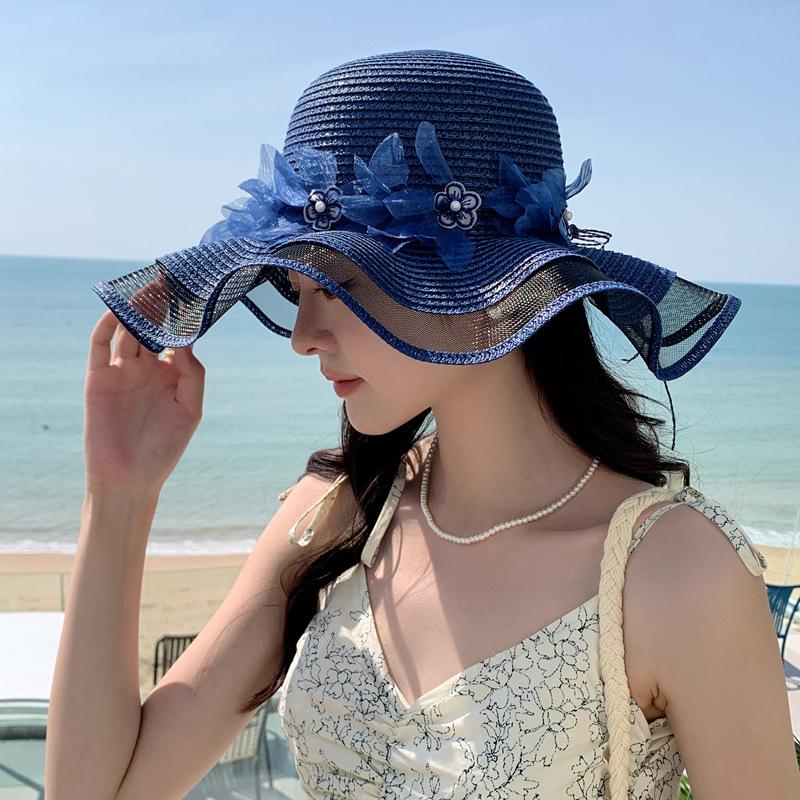 Summer Hat Female Pearl Flower Beach Hat Woven Straw Hat Outdoor Travel Big Brim Sun Protection Hat