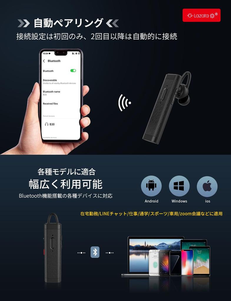 [Lehká a tenká] Bezdrátová Bluetooth sluchátka do jednoho ucha Glazata s čipem Qualcomm [Podpora aptX & aptX HD, SBC & AAC, Duální