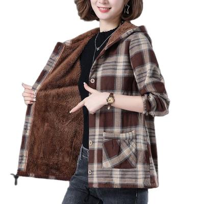 Damen Herbst und Winter Verdickter Strickjacke Mantel Mit Kapuze Karierter Kapuzenpullover Mit Reißverschluss Warmer Kapuzenpullover