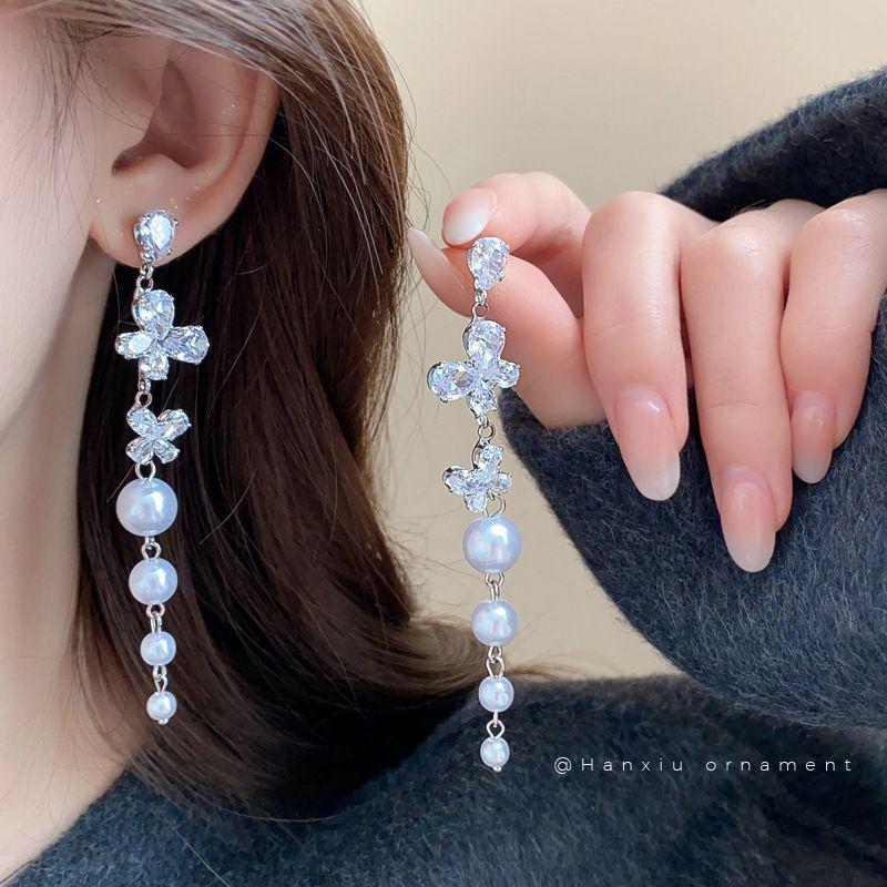 

Ретро серьги «Серебряная игла» с инкрустацией бриллиантами, кристаллами и жемчугом - Роскошные длинные серьги в европейском и американском стиле для женщин