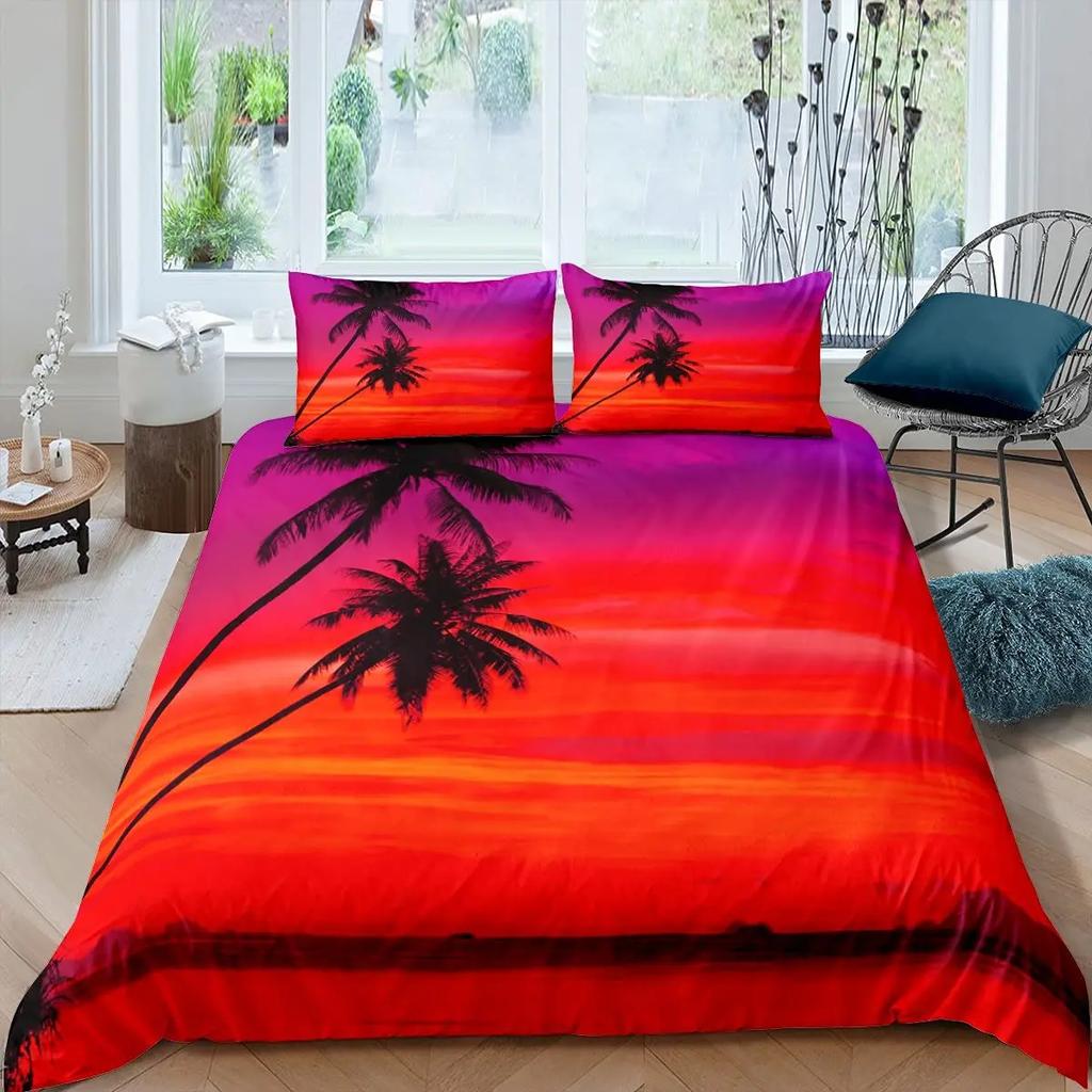 Comforter Tropical Coconut Tree King Queen Surfboard Palm Leaf Bedding Set Summer Ocean Polyester Comforter