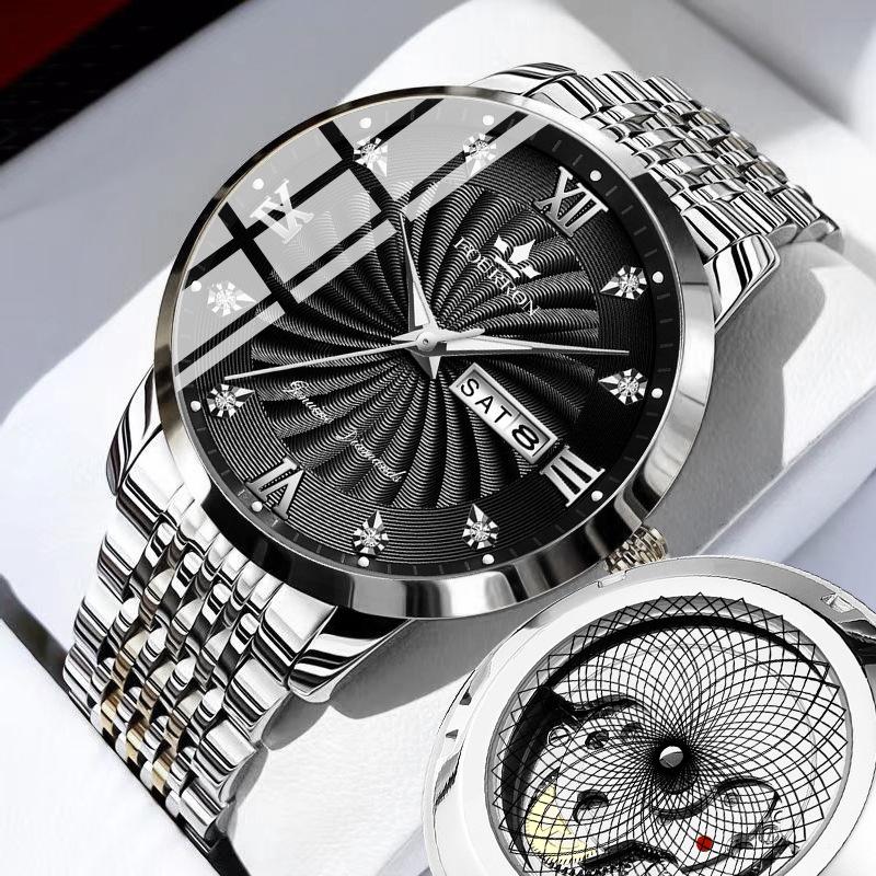 Men's Diamond Quartz Watch with Luminous Double Calendar
