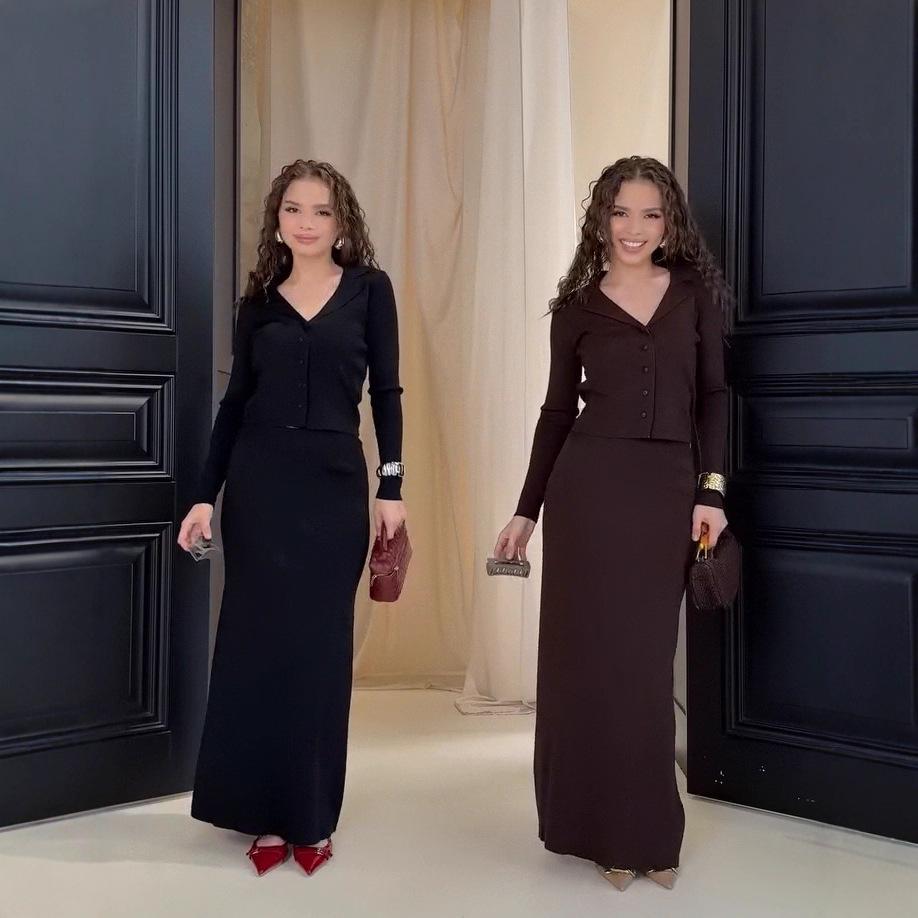 2025 Fall V-Neck Long-Sleeve Sweater & Slim Fit Knit Skirt Set for Women