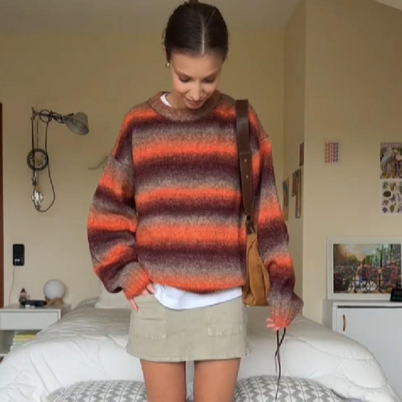 Winter Womens Vintage Relaxed Loose Fit Gradient Stripe Knit Sweater