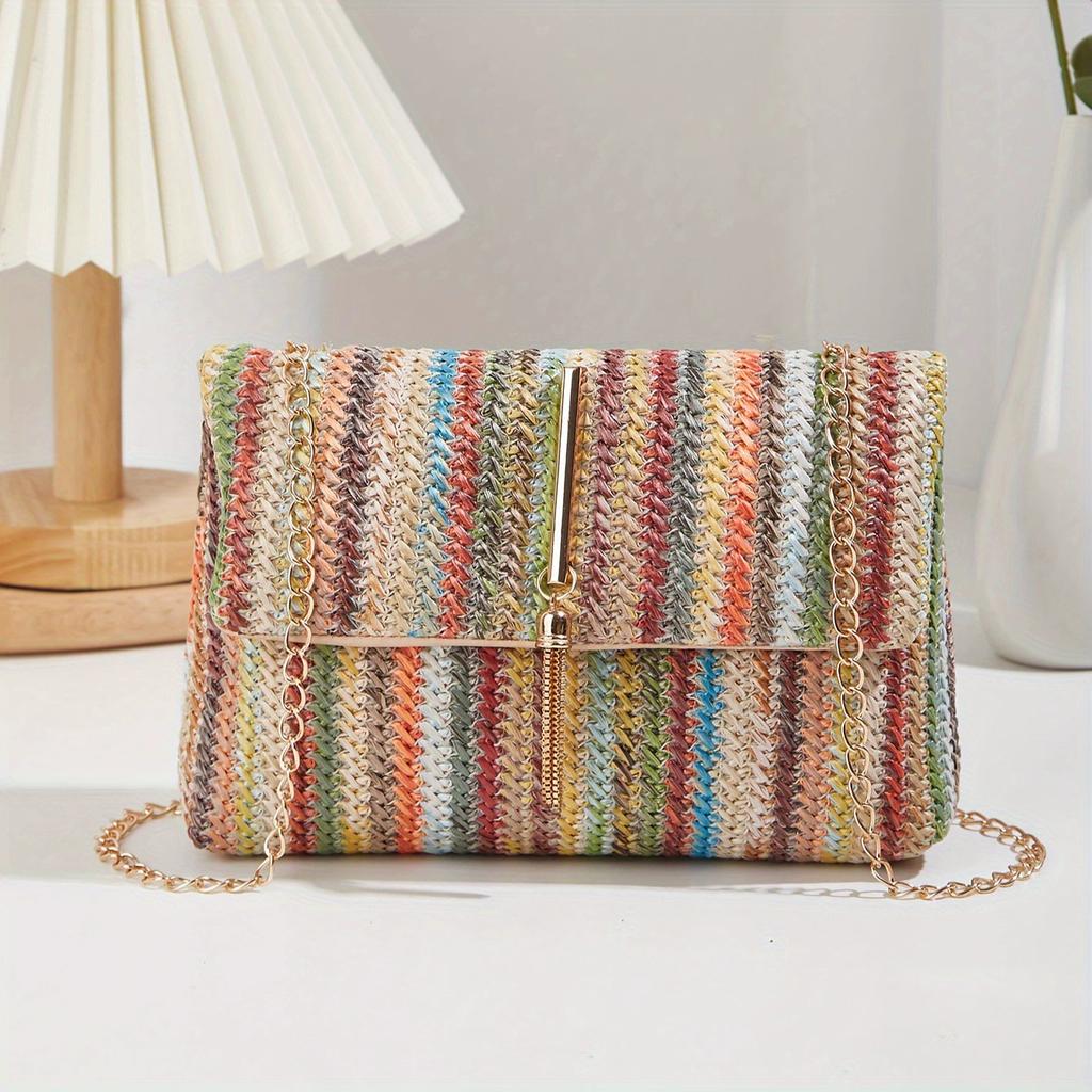 Women's Fashion Tassel Straw Crossbody Bag, Casual Striped Square Shoulder Bag, Classic Flap Purse for Daily Use