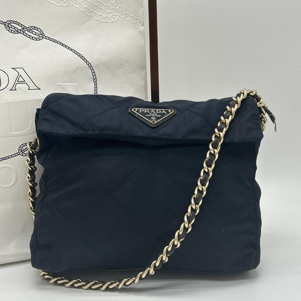 PRADA Shoulder Bag Tote Bag Single Shoulder Strap Tessuto Nylon Quilted Gold Chain Triangle Logo Plate White Tag